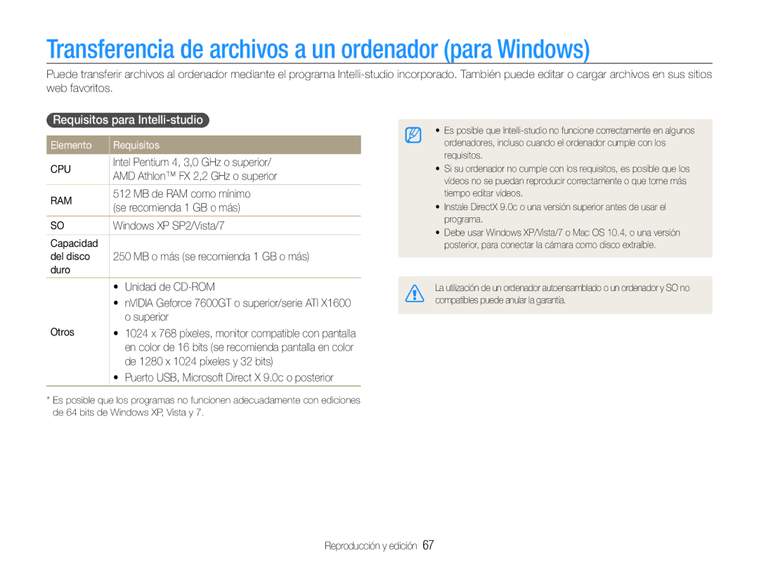 Samsung EC-PL90ZZBAAGB manual Transferencia de archivos a un ordenador para Windows, Requisitos para Intelli-studio 