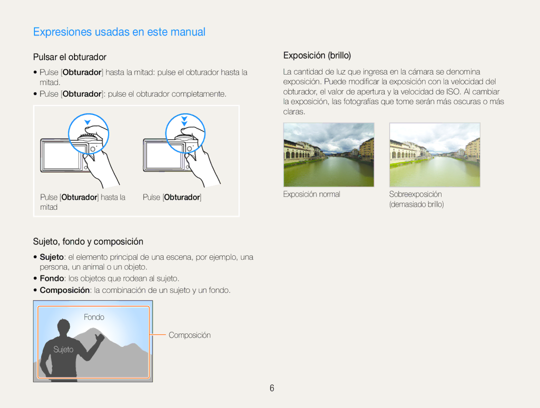 Samsung EC-PL90ZZBPEE1, EC-PL90ZZBPRE1 Expresiones usadas en este manual, Pulsar el obturador, Sujeto, fondo y composición 