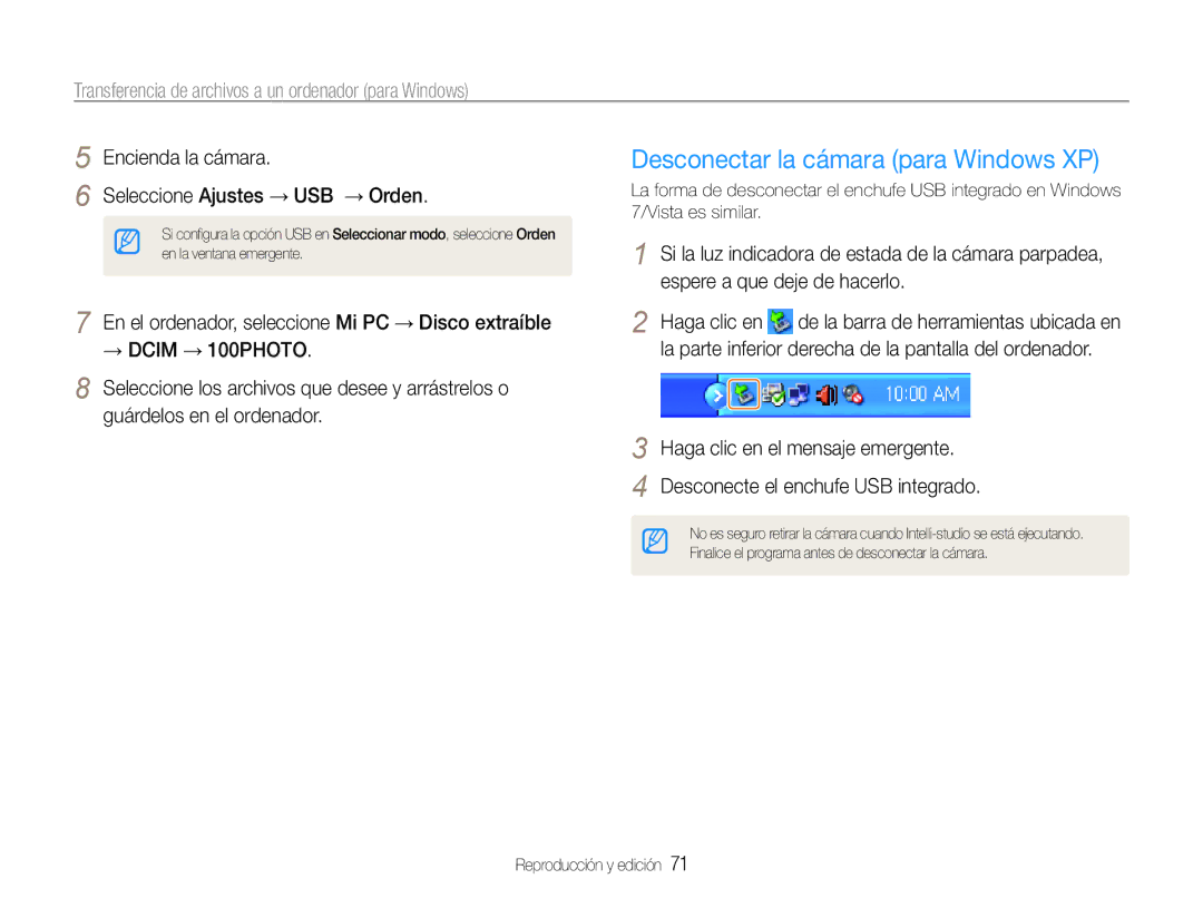 Samsung EC-PL90ZZBPRE1 manual Desconectar la cámara para Windows XP, Encienda la cámara Seleccione Ajustes → USB → Orden 