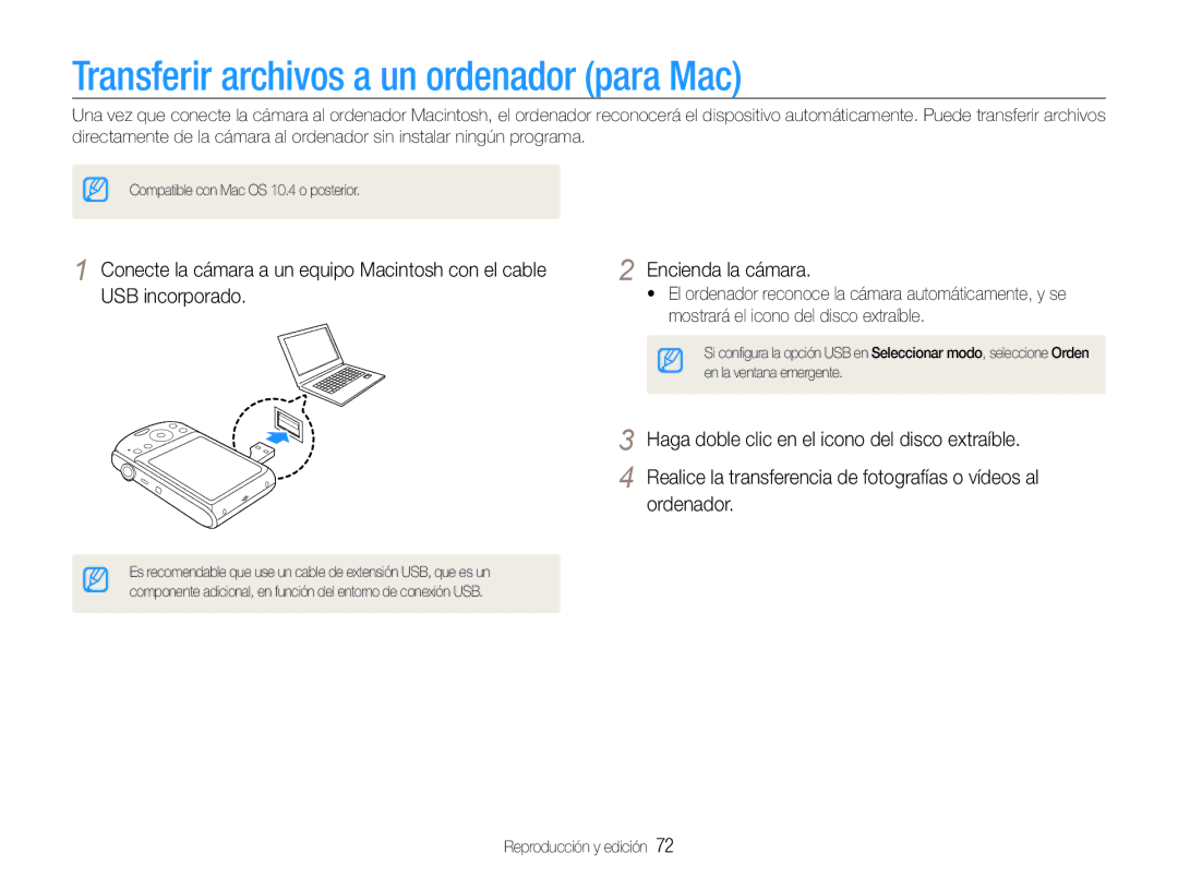 Samsung EC-PL90ZZBPEE1, EC-PL90ZZBPRE1, EC-PL90ZZBAAGB manual Transferir archivos a un ordenador para Mac, Encienda la cámara 