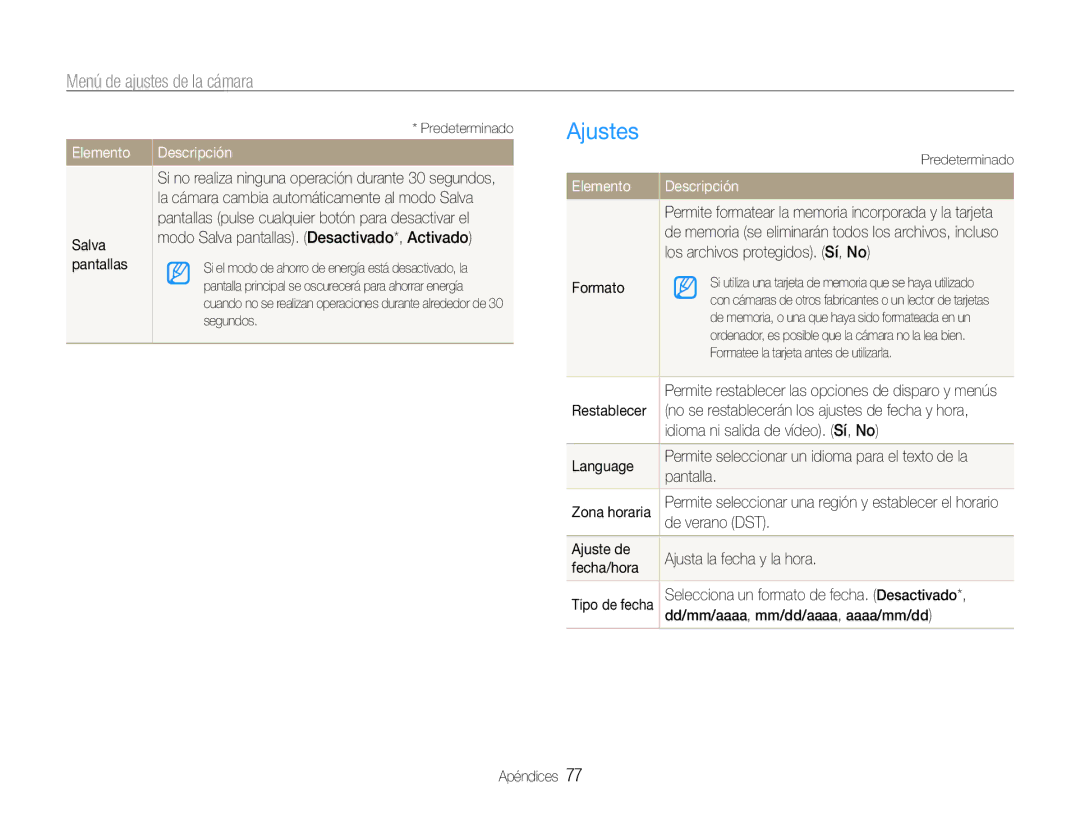 Samsung EC-PL90ZZBPRE1, EC-PL90ZZBPEE1, EC-PL90ZZBAAGB manual Ajustes, Elemento 