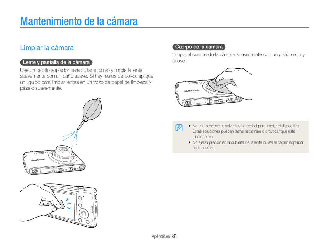 Samsung EC-PL90ZZBPEE1 Mantenimiento de la cámara, Limpiar la cámara, Lente y pantalla de la cámara, Cuerpo de la cámara 