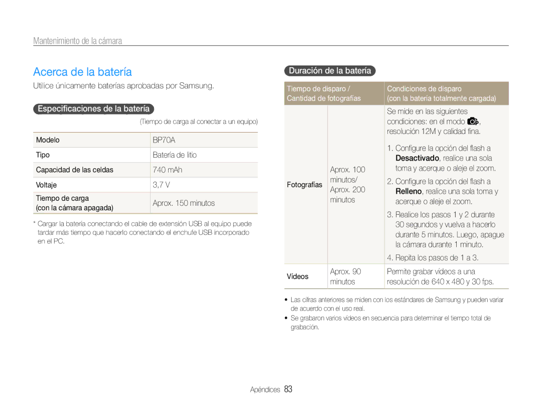 Samsung EC-PL90ZZBPRE1, EC-PL90ZZBPEE1 manual Acerca de la batería, Especificaciones de la batería, Duración de la batería 