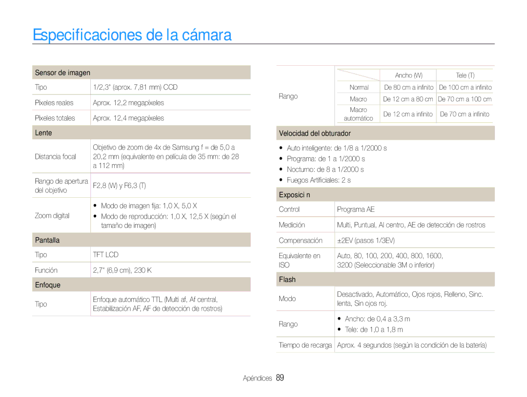 Samsung EC-PL90ZZBPRE1, EC-PL90ZZBPEE1, EC-PL90ZZBAAGB manual Especificaciones de la cámara 