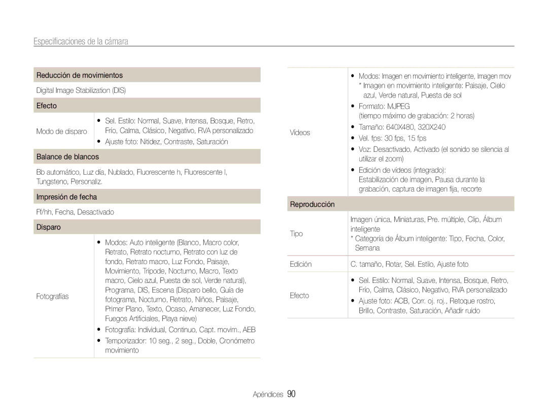 Samsung EC-PL90ZZBPEE1, EC-PL90ZZBPRE1, EC-PL90ZZBAAGB manual Especificaciones de la cámara 