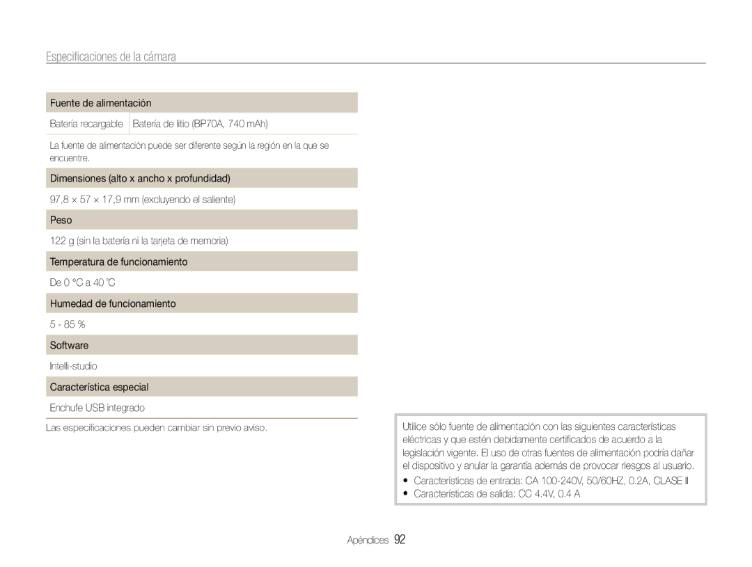 Samsung EC-PL90ZZBPRE1, EC-PL90ZZBPEE1, EC-PL90ZZBAAGB manual Características de salida CC 4.4V, 0.4 a 