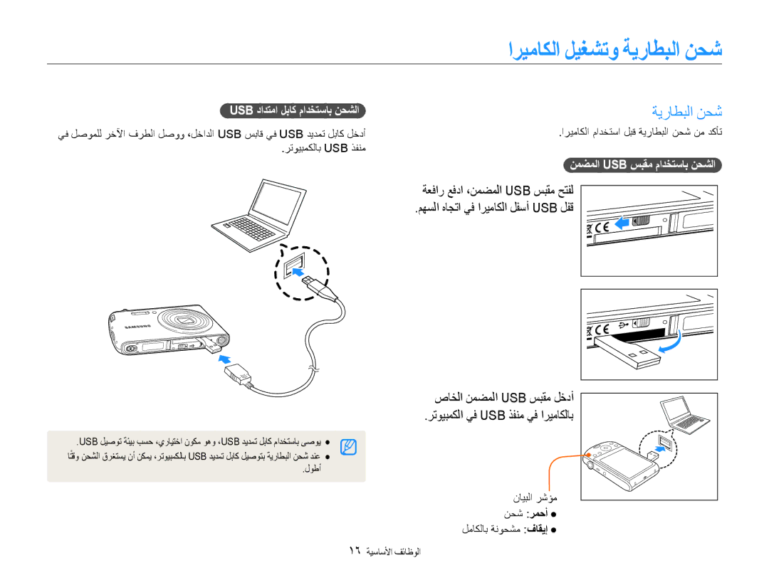 Samsung EC-PL90ZZBPRIL, EC-PL90ZZBPRE1, EC-PL90ZZBPEE1 ةيراطبلا نحش, رتويبمكلاب Usb ذفنم, نمضملا Usb سبقم مادختساب نحشلا 