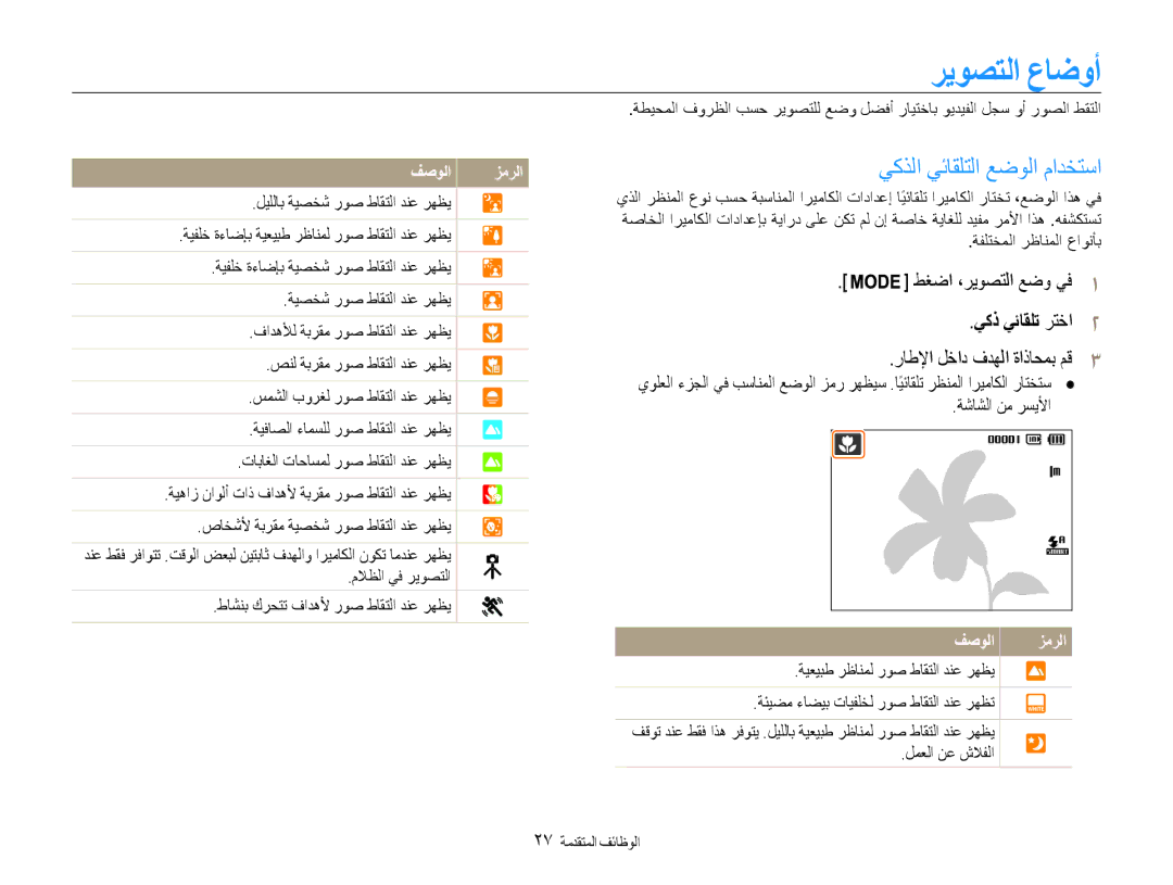 Samsung EC-PL90ZZBPAIL manual ريوصتلا عاضوأ, يكذلا يئاقلتلا عضولا مادختسا, يكذ يئاقلت رتخا2, راطلإا لخاد فدهلا ةاذاحمب مق3 