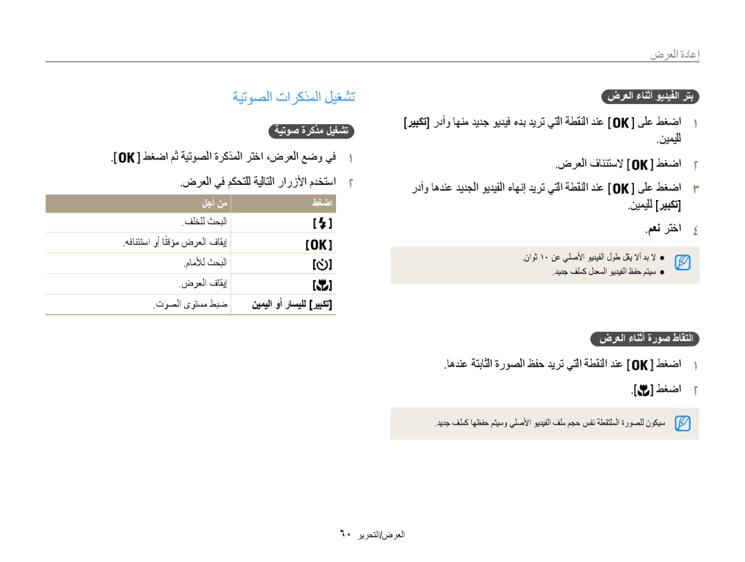 Samsung EC-PL90ZZDAAME manual ةيتوصلا تاركذملا ليغشت, ضرعلا يف مكحتلل ةيلاتلا رارزلأا مدختسا2, نيميلل ضرعلا فانئتسلا طغضا2 