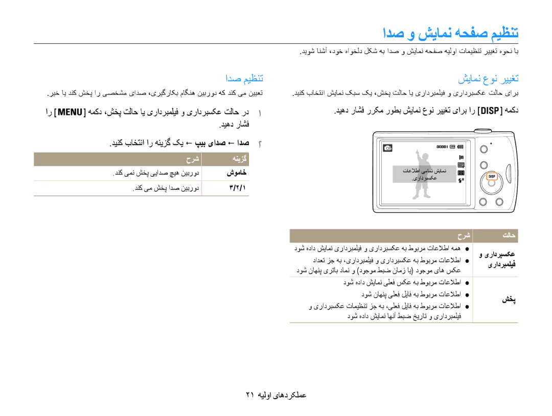 Samsung EC-PL90ZZDAEIR ادص و شیامن هحفص میظنت, ادص میظنت شیامن عون رییغت, دیهد راشف ررکم روطب شیامن عون رییغت یارب ار همکد 