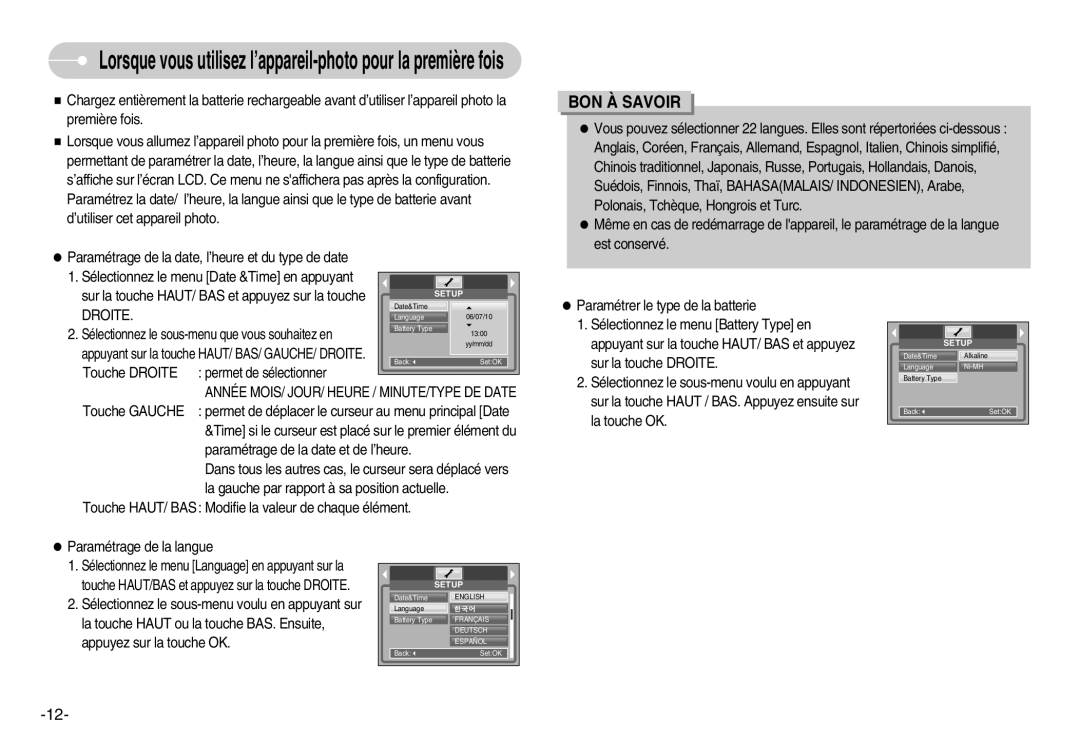 Samsung EC-S1000BBA/AS, EC-S1000SBA/FR, EC-S1000SBB/E1 Touche Droite permet de sélectionner, Paramétrage de la langue 