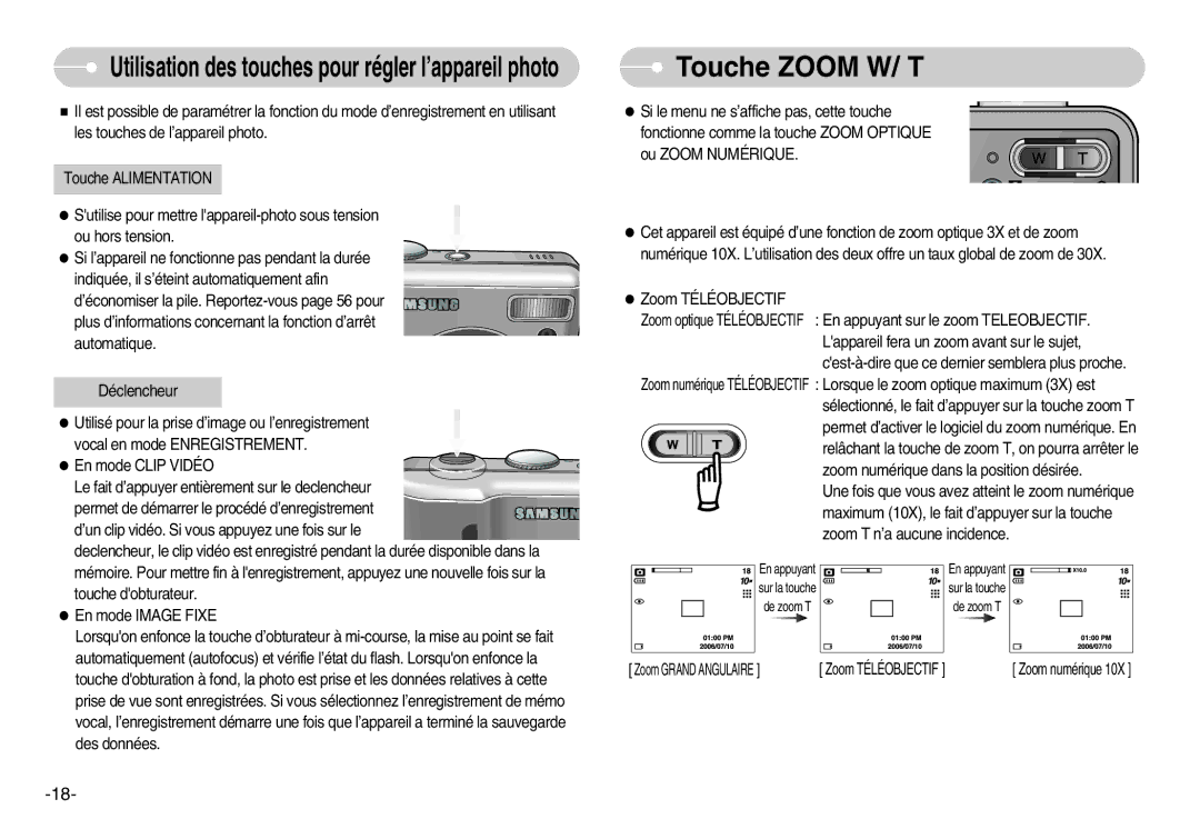 Samsung EC-S1000BBA/AS, EC-S1000SBA/FR manual Touche Zoom W/ T, Utilisation des touches pour régler l’appareil photo 