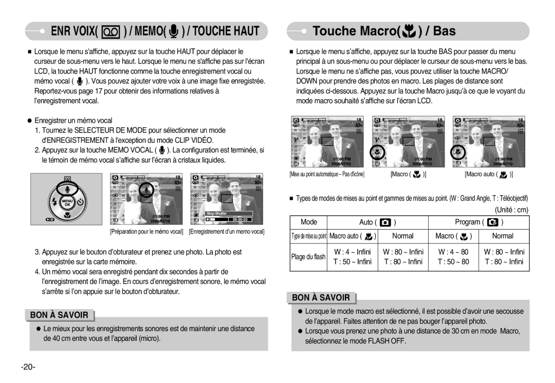 Samsung EC-S1000BBA/FR, EC-S1000SBA/FR, EC-S1000BBA/AS Touche Macro / Bas, Unité cm, Mode Auto Program, Normal Macro, 50 ~ 