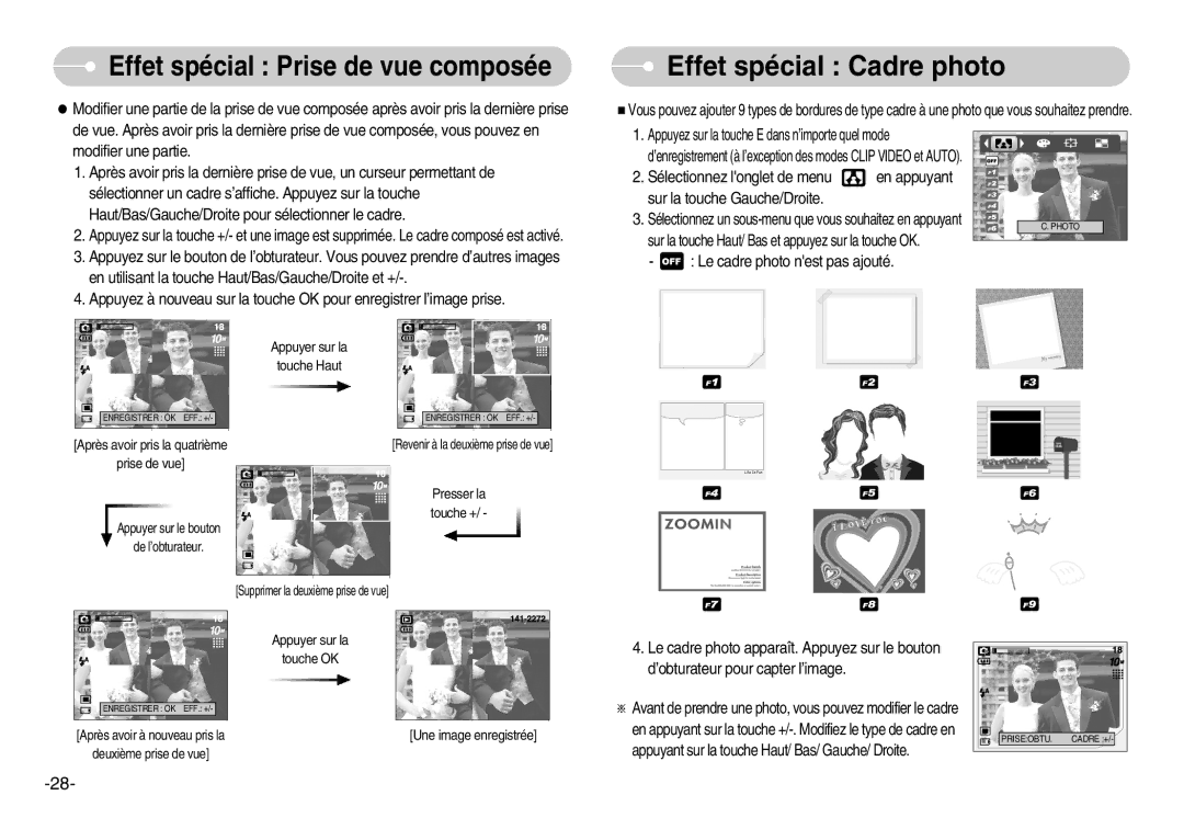 Samsung EC-S1000BBA/E1, EC-S1000SBA/FR, EC-S1000BBA/AS manual Effet spécial Cadre photo, Le cadre photo nest pas ajouté 