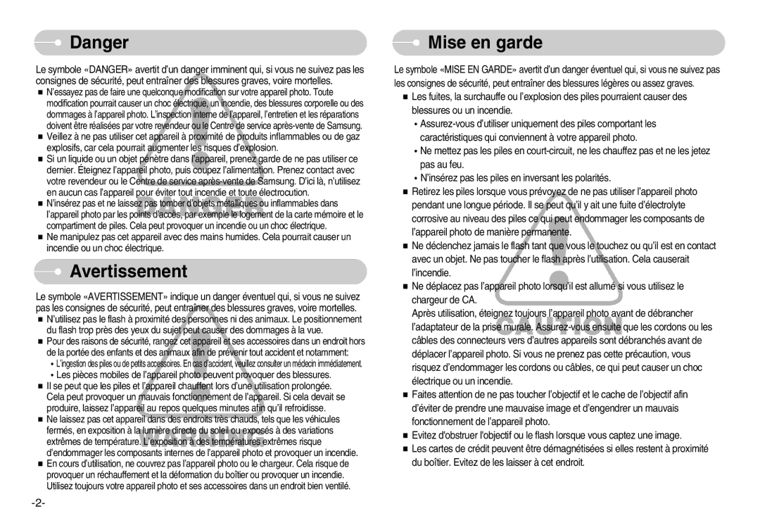 Samsung EC-S1000BBA/FR, EC-S1000SBA/FR, EC-S1000BBA/AS, EC-S1000SBB/E1, EC-S1000SBA/E1 manual Avertissement, Mise en garde 