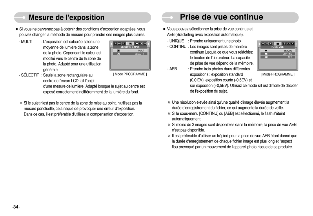 Samsung EC-S1000BBA/E1, EC-S1000SBA/FR, EC-S1000BBA/AS, EC-S1000SBB/E1, EC-S1000BBA/FR manual Mesure de lexposition, Multi 