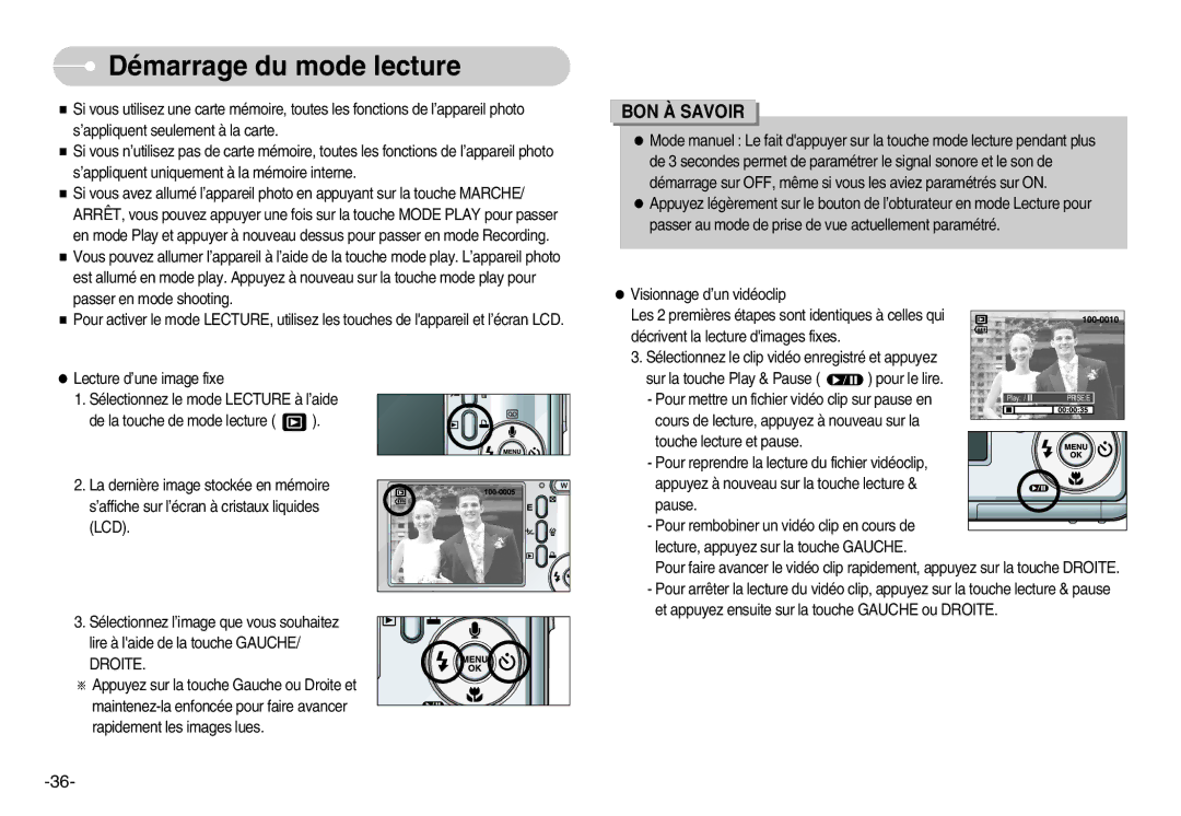 Samsung EC-S1000BBA/AS, EC-S1000SBA/FR, EC-S1000SBB/E1, EC-S1000BBA/FR, EC-S1000SBA/E1 manual Démarrage du mode lecture 