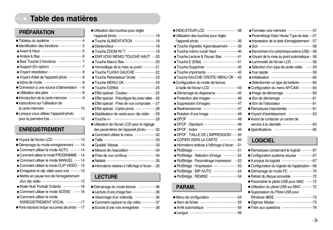 Samsung EC-S1000SBA/E1, EC-S1000SBA/FR, EC-S1000BBA/AS, EC-S1000SBB/E1, EC-S1000BBA/FR manual Table des matières, Préparation 