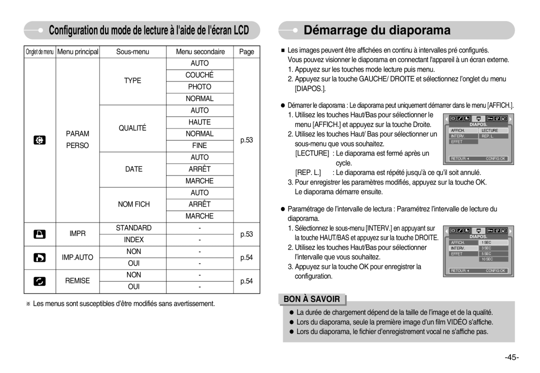 Samsung EC-S1000SBA/E1, EC-S1000SBA/FR manual Démarrage du diaporama, Utilisez les touches Haut/ Bas pour sélectionner un 