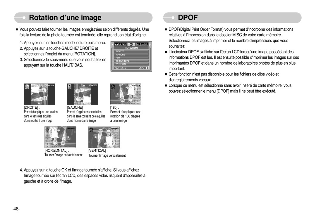 Samsung EC-S1000BBA/AS, EC-S1000SBA/FR, EC-S1000SBB/E1, EC-S1000BBA/FR, EC-S1000SBA/E1 manual Rotation d’une image, Dpof 