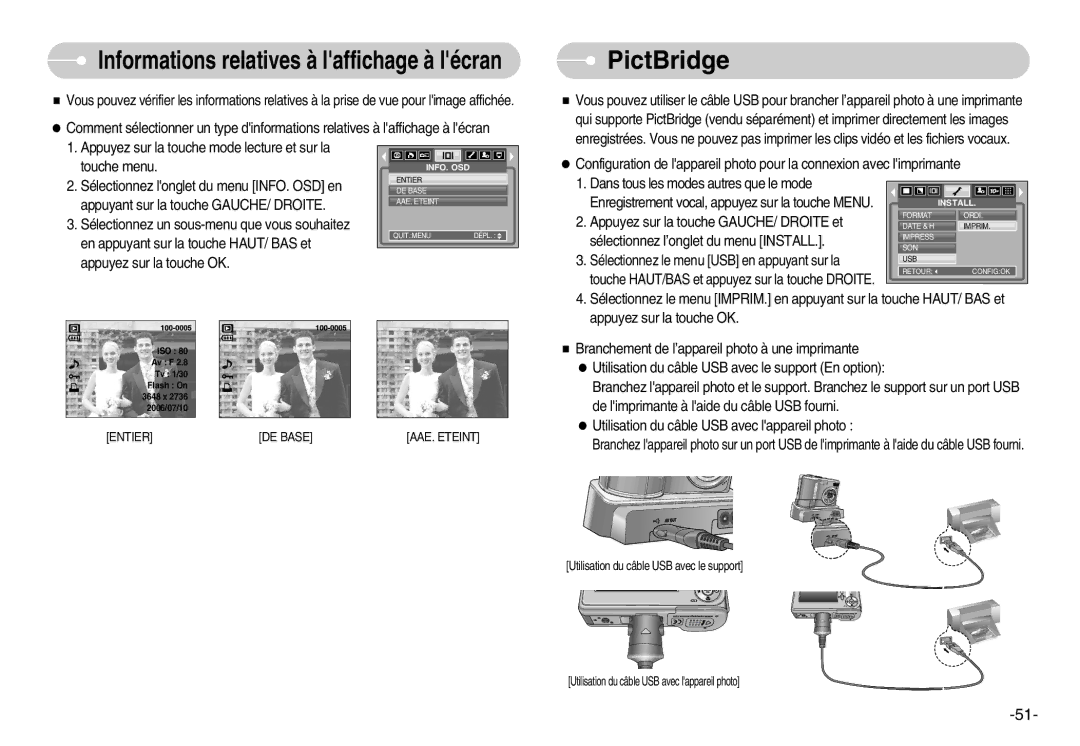 Samsung EC-S1000SBA/E1, EC-S1000SBA/FR, EC-S1000BBA/AS manual PictBridge, Informations relatives à laffichage à lécran 
