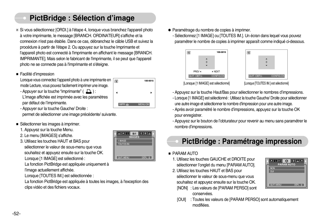 Samsung EC-S1000BBA/E1, EC-S1000SBA/FR, EC-S1000BBA/AS, EC-S1000SBB/E1 manual PictBridge Sélection d’image, Param Auto 