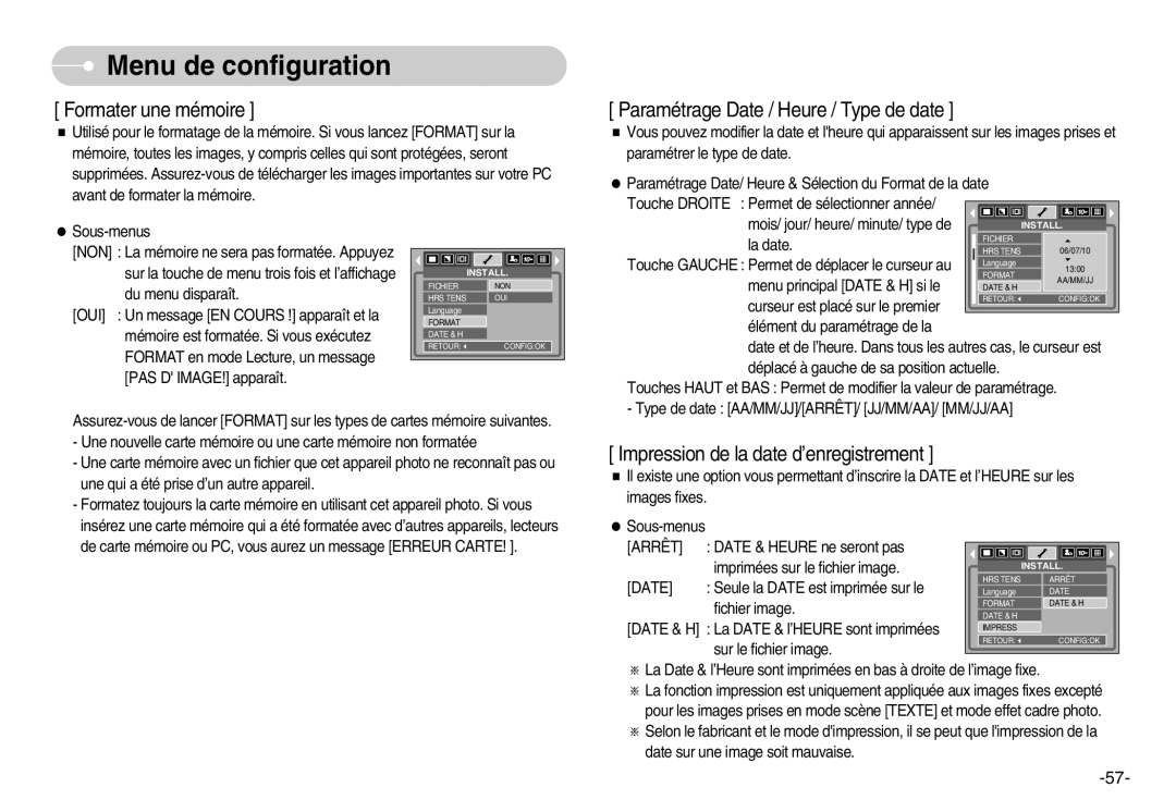 Samsung EC-S1000SBA/E1 manual La date, Touche Gauche Permet de déplacer le curseur au, Menu principal Date & H si le 