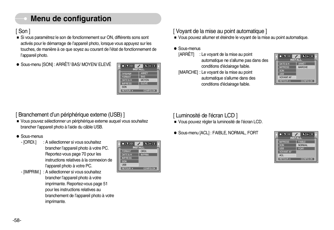 Samsung EC-S1000BBA/E1, EC-S1000SBA/FR, EC-S1000BBA/AS, EC-S1000SBB/E1 manual Son, Sous-menu SON ARRÊT/ BAS/ MOYEN/ Elevé 