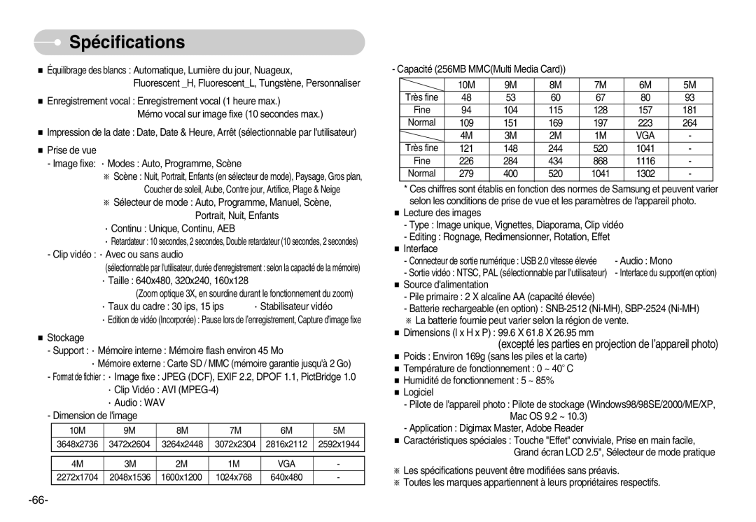 Samsung EC-S1000BBA/AS manual Clip vidéo Avec ou sans audio, Taux du cadre 30 ips, 15 ips Stabilisateur vidéo, Audio Mono 