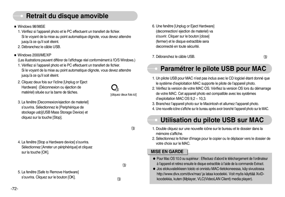 Samsung EC-S1000BBA/AS Retrait du disque amovible, Paramétrer le pilote USB pour MAC, Utilisation du pilote USB sur MAC 