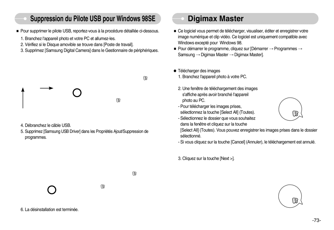 Samsung EC-S1000SBB/E1, EC-S1000SBA/FR, EC-S1000BBA/AS manual Digimax Master, Suppression du Pilote USB pour Windows 98SE 