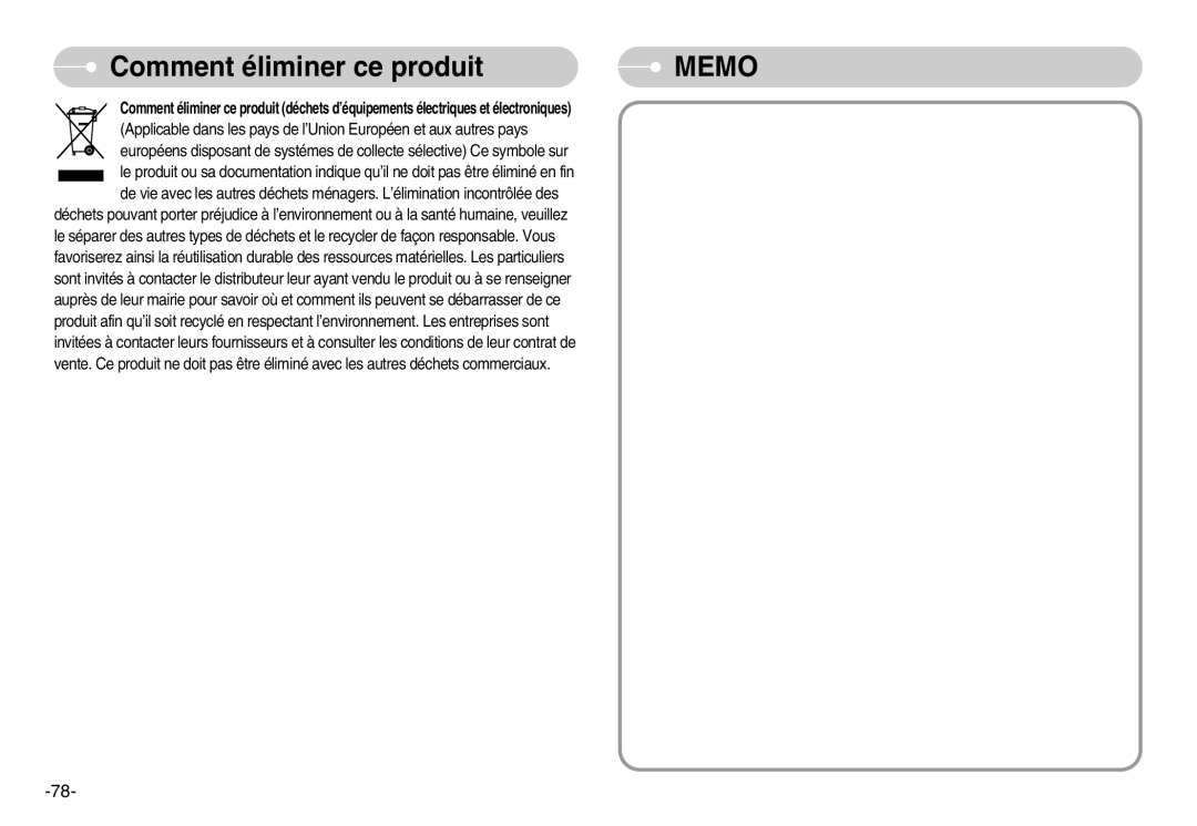 Samsung EC-S1000BBA/AS, EC-S1000SBA/FR, EC-S1000SBB/E1, EC-S1000BBA/FR, EC-S1000SBA/E1 manual Comment éliminer ce produit, Memo 