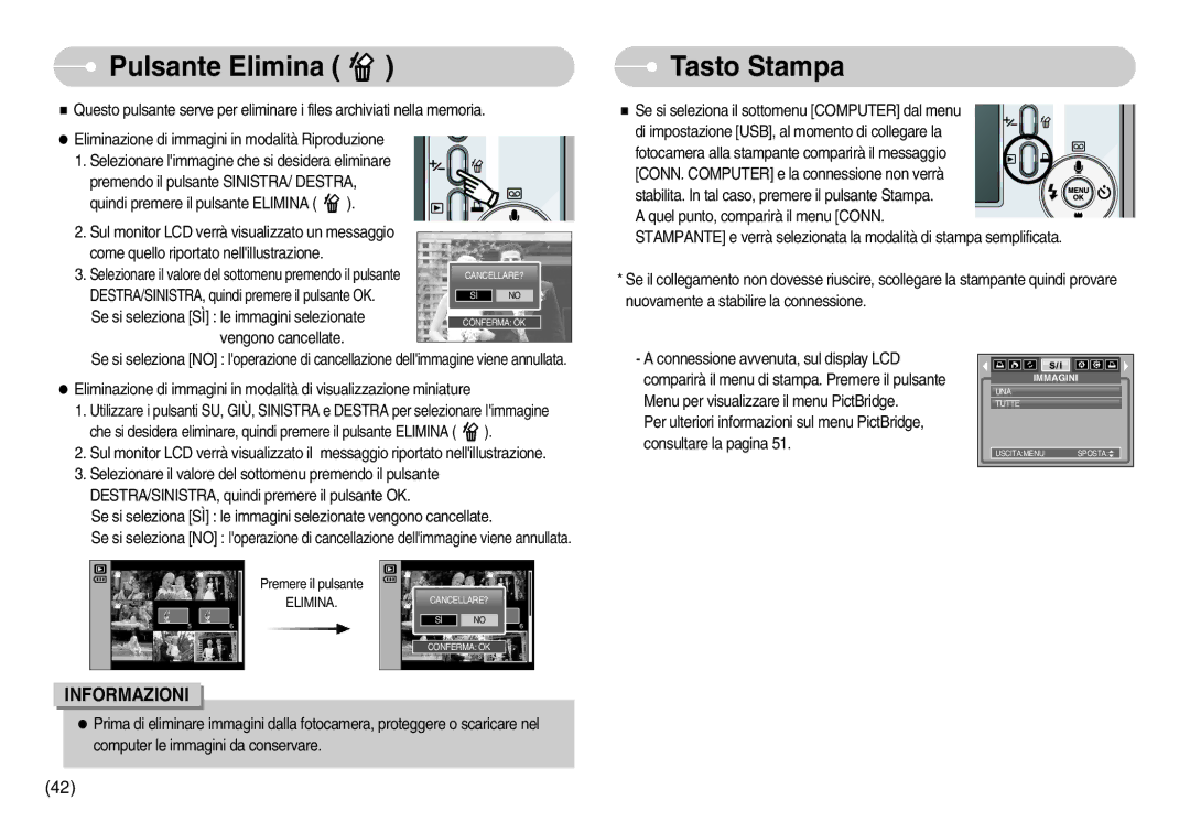 Samsung EC-S1000SBC/E1, EC-S1000SBB/E1, EC-S1000BBB/E1 manual Pulsante Elimina, Tasto Stampa 