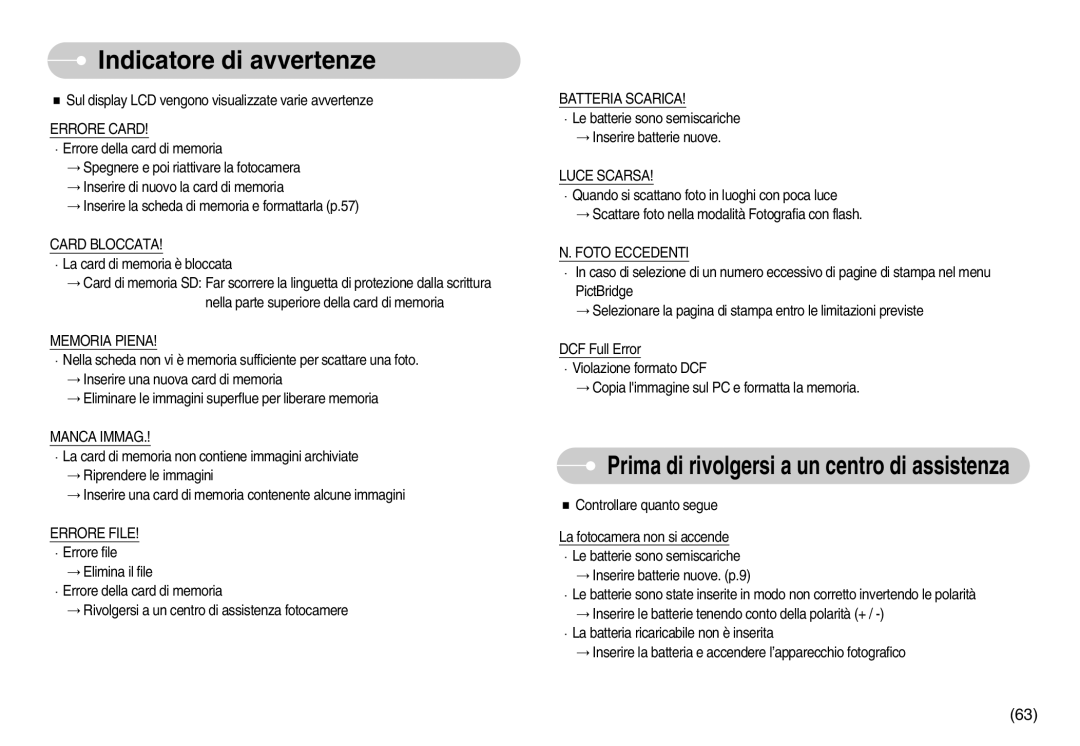 Samsung EC-S1000SBC/E1, EC-S1000SBB/E1, EC-S1000BBB/E1 manual Indicatore di avvertenze 