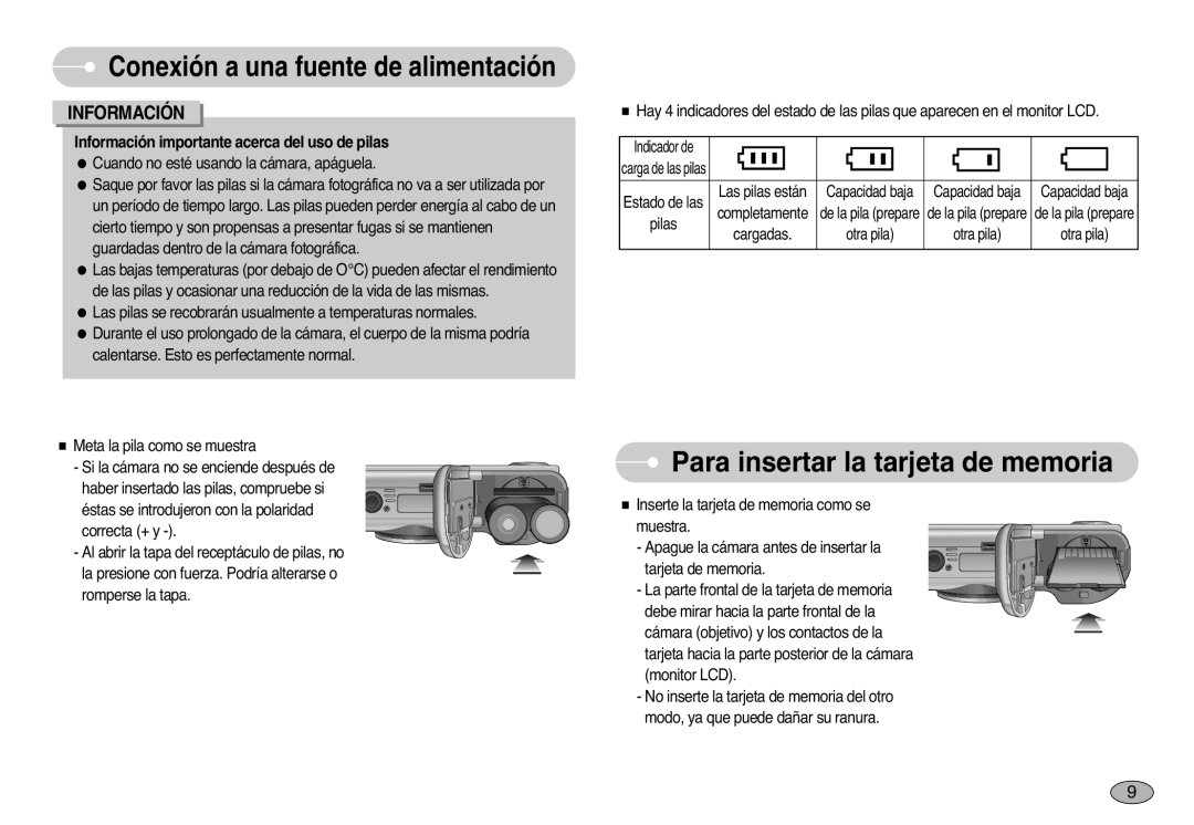 Samsung EC-S1000SBB/E1 manual Para insertar la tarjeta de memoria, Conexión a una fuente de alimentación 