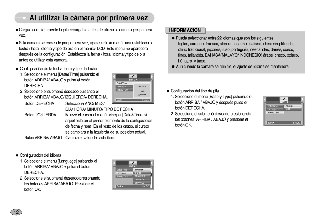 Samsung EC-S1000SBB/E1 manual Al utilizar la cámara por primera vez, Derecha, DÍA/ HORA/ MINUTO/ Tipo DE Fecha 