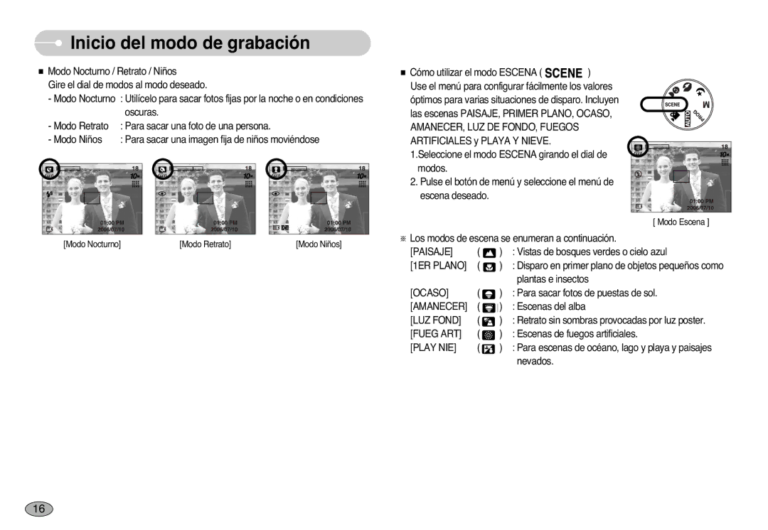 Samsung EC-S1000SBB/E1 manual Paisaje, 1ER Plano, Ocaso, Amanecer, LUZ Fond, Fueg ART, Play NIE 