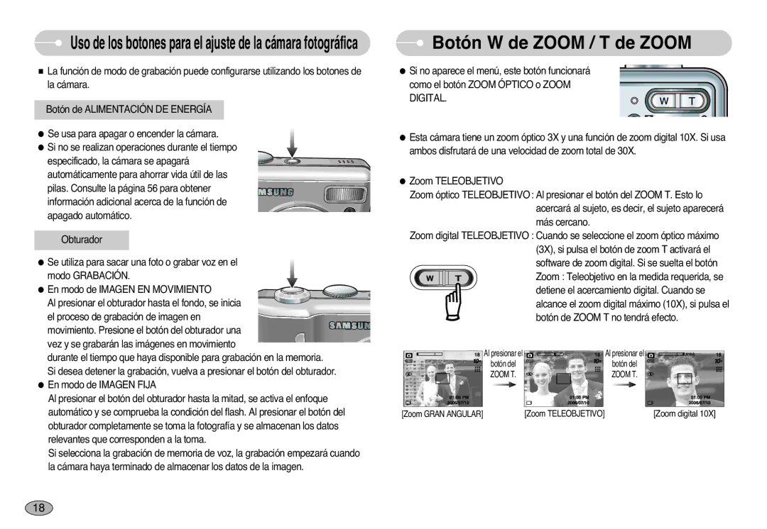 Samsung EC-S1000SBB/E1 manual Botón W de Zoom / T de Zoom, Uso de los botones para el ajuste de la cámara fotográfica 