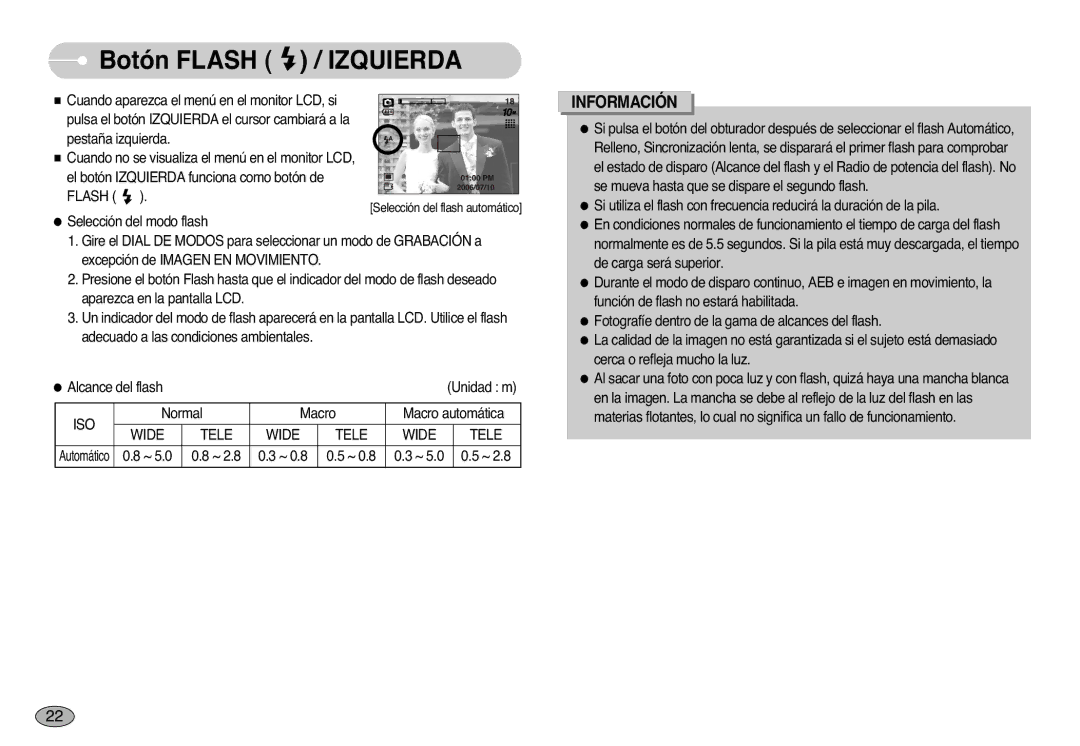 Samsung EC-S1000SBB/E1 manual Botón Flash / Izquierda, Wide Tele 