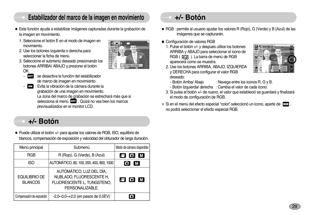 Samsung EC-S1000SBB/E1 manual +/- Botón, Estabilizador del marco de la imagen en movimiento 