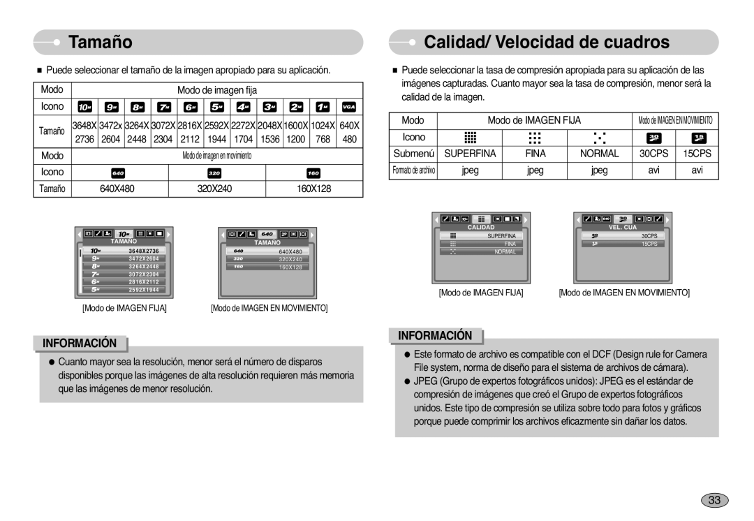 Samsung EC-S1000SBB/E1 manual Tamaño, Calidad/ Velocidad de cuadros, Superfina Fina Normal 30CPS 15CPS 