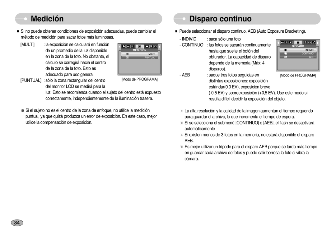 Samsung EC-S1000SBB/E1 manual Medición, Disparo continuo 