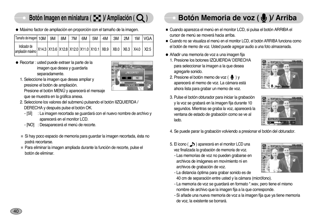 Samsung EC-S1000SBB/E1 manual Botón Memoria de voz / Arriba, Vga 