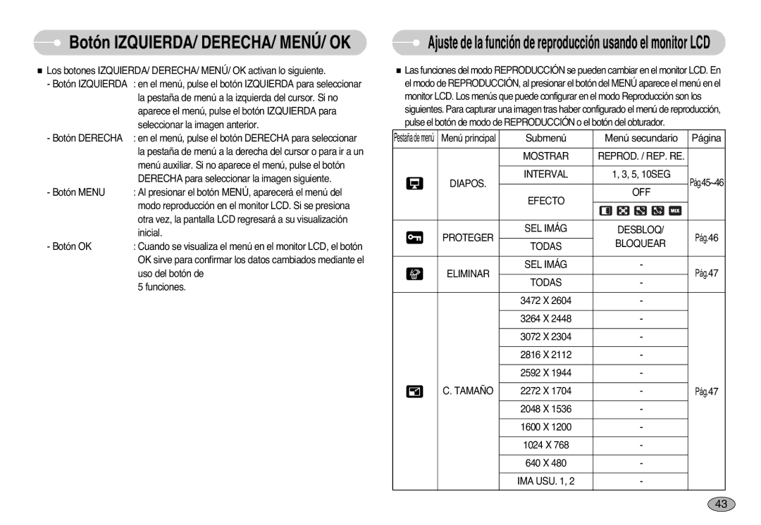 Samsung EC-S1000SBB/E1 Mostrar REPROD. / REP. RE Diapos Interval, Efecto OFF Proteger SEL Imág Desbloq, Bloquear, Todas 