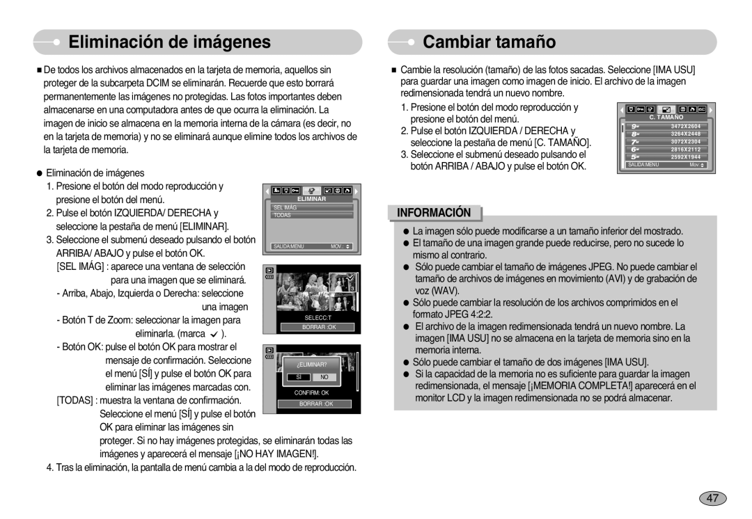 Samsung EC-S1000SBB/E1 manual Eliminación de imágenes, Cambiar tamaño 