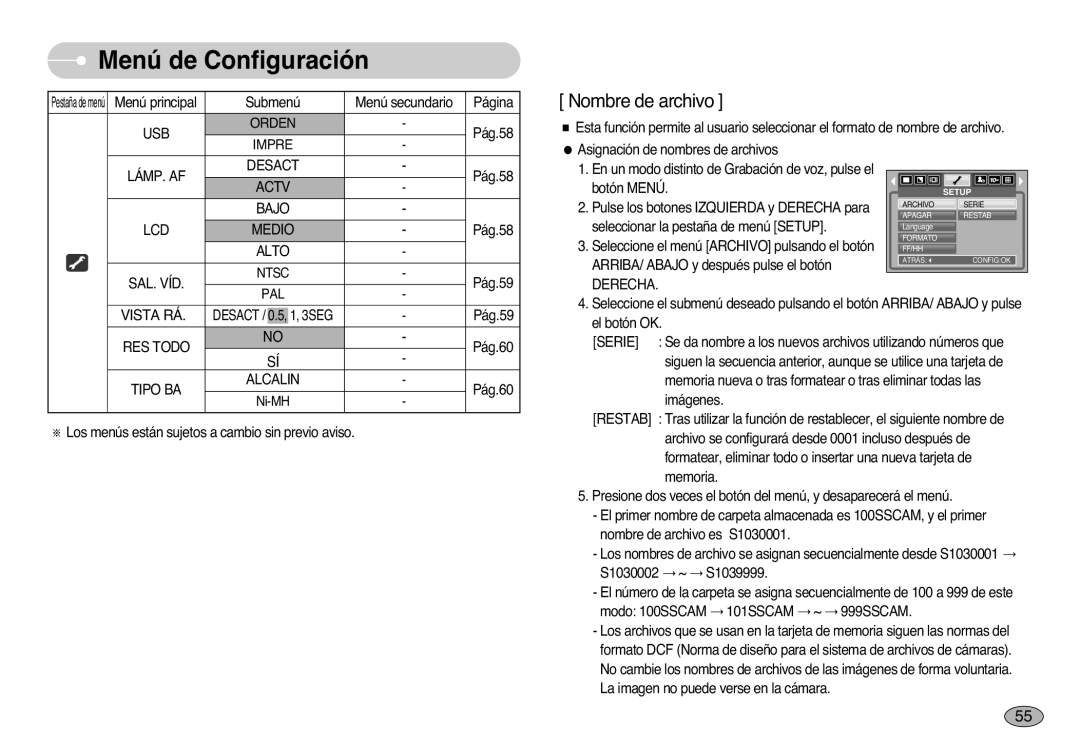 Samsung EC-S1000SBB/E1 manual USB Orden, Impre LÁMP. AF Desact, Actv Bajo LCD Medio, Alto SAL. VÍD, PAL Vista RÁ, RES Todo 