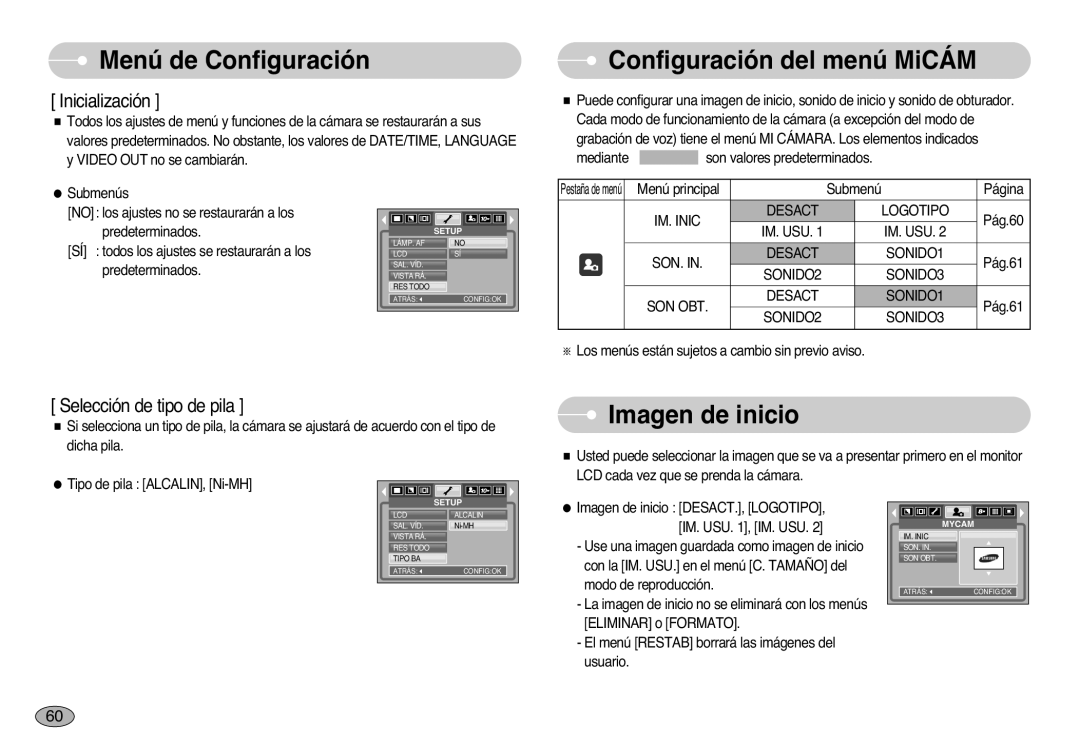 Samsung EC-S1000SBB/E1 manual Configuración del menú MiCÁM, Imagen de inicio 