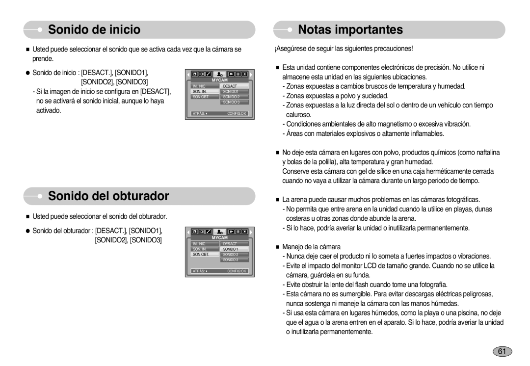 Samsung EC-S1000SBB/E1 manual Sonido de inicio, Notas importantes, Sonido del obturador 