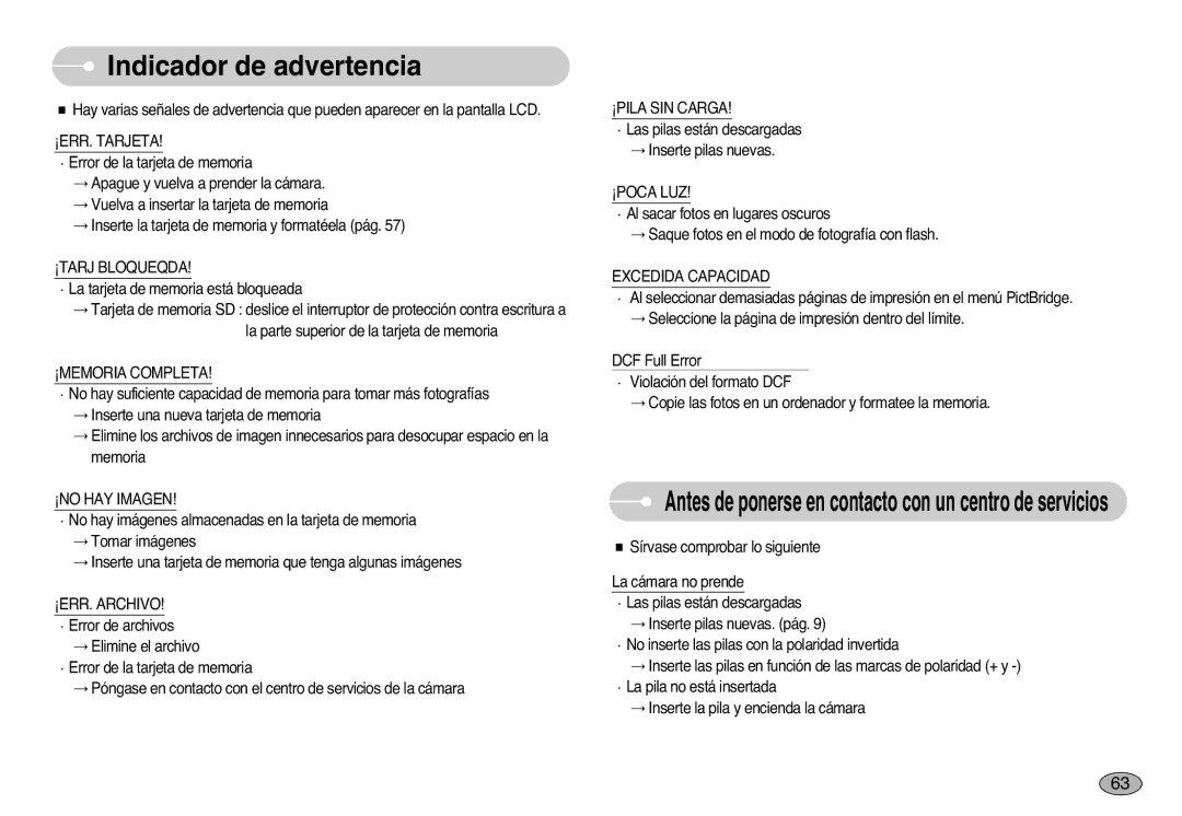 Samsung EC-S1000SBB/E1 manual Indicador de advertencia 