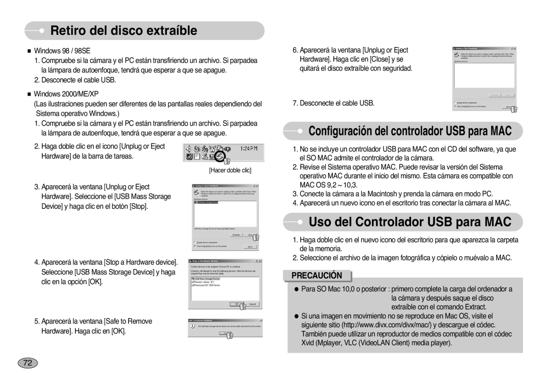 Samsung EC-S1000SBB/E1 manual Retiro del disco extraíble, Uso del Controlador USB para MAC 